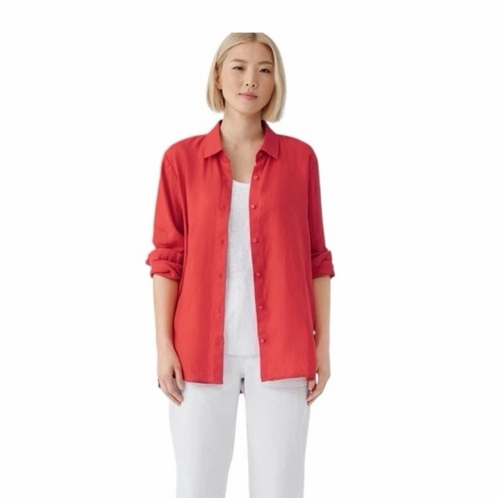 Eileen Fisher Woman’s Organic Handkerchief Linen Classic Collar Shirt Sz XS EUC
